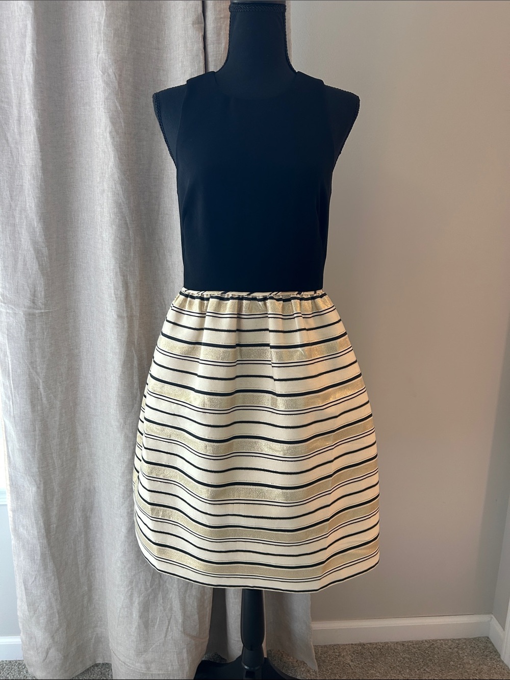 J. Crew Black Sleeveless Bodice with Cream, Gold & Black Striped Skirt